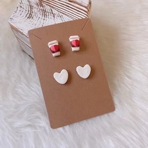 White Heart & Coffee Cup Stud Earrings